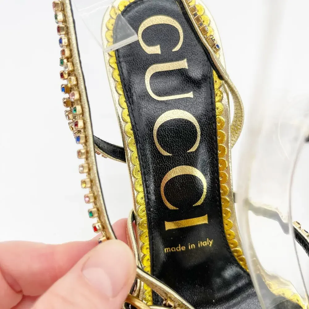 Gucci Carmen Crystal Embellished Gold Leather Bow High Heel Sandals EU 38.5 - Picture 11 of 13